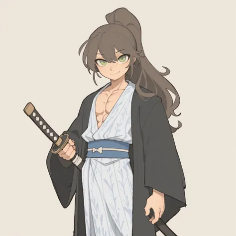 masterpiece, ultra-HD, impressionism, high detail, best quality, very aesthetic, 8k, best quality, beautiful, tmchng, 1man, very long brown hair, high ponytail, green eyes, muscular, toned, slim body, white yukata, blue obi, black haori, kind smile, holdin...