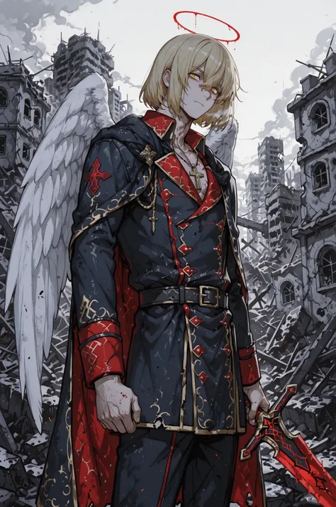 handsome anime-style man, male, around 23 years old, blond silky hair in a neck-length bob, all bangs swept strongly to the side, strong side-swept fringe, thin eyebrows, angel, large pure white wings growing from his back, European-style military uniform,...
