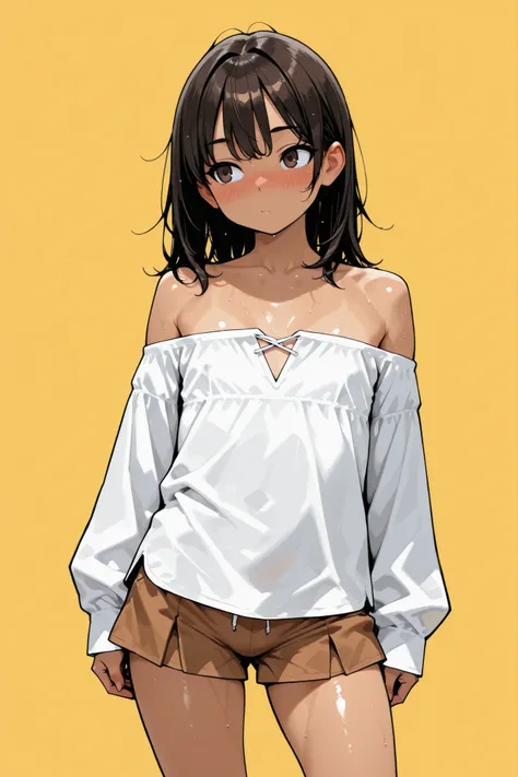 ((1 femboy)),Super Detailed,absolute resolution,(dynamic angles),(tanned skin:0.3),portrait,((pinup)),cowboy shot,,standing,,(oversized white off-shoulder shirt,untucked shirt),brown mini Culottes,bare foot,detailed and beautiful face and eyes,dark brown e...
