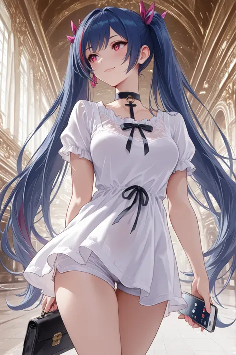 Dratena Belbury , masterpiece , best quality , amazing quality , 1girl, NSFW , chromatic aberration , very long hair , Red eyes, twintails , breasts,  White Tshirt, Short shorts,  Smile, Museum, walking through the museum, looking away, interested look, su...