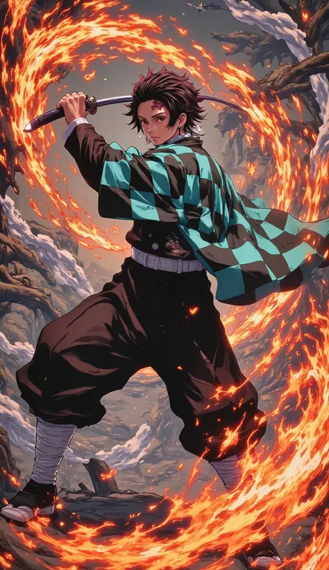 Tanjiro Kamado** – Mid-air, swinging his Nichirin Blade with **Hinokami Kagura flames**, determined expression.  