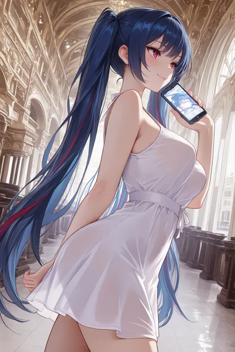Dratena Belbury , masterpiece , best quality , amazing quality , 1girl, NSFW , chromatic aberration , very long hair , Red eyes, twintails , breasts, Smile, Museum, walking through the museum, Side view, looking away, interested look, summer dress, phone i...