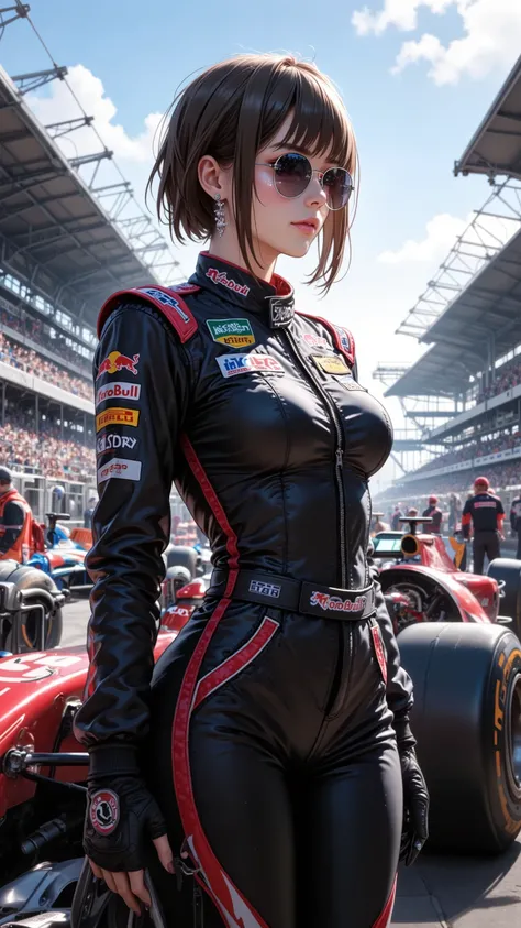Ultra High Definition, Masterpiece, perfect detail, Motor Sports, woman in racing suit, F1 machines, tight racing suit, With zipper, short hair, sunglasses, fingerless gloves, Pit lane, modern racetrack, Brilliant Light, Sporty vibe, professional atmospher...