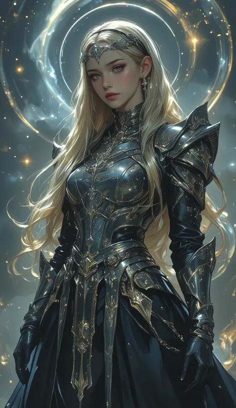 A majestic, ethereal figure emerges amidst a swirling, cosmic background that hints at celestial realms with its deep blues and golden hues. The subject wears an intricately designed, glimmering armor-like dress that incorporates metallic elements and myth...
