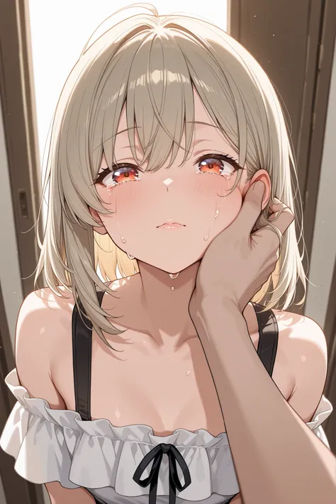 A woman with teary eyes, staring deeply. A tear rolls down her cheek and her lips tremble. She wears an off-shoulder top, giving a vulnerable but sensual impression.