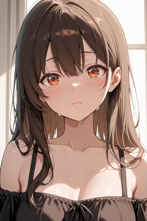 A woman with teary eyes, staring deeply. A tear rolls down her cheek and her lips tremble. She wears an off-shoulder top, giving a vulnerable but sensual impression.