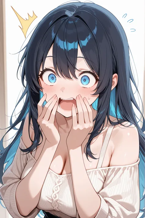 A surprised woman with wide eyes and hands at her mouth. Her expression is lively and animated. She wears a soft-knit top with a wide neckline.