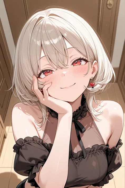 A woman tilting her head, looking up with a playful gaze. One hand rests on her cheek, showing a mischievous smile. Her puff-sleeve top adds both charm and sexiness.