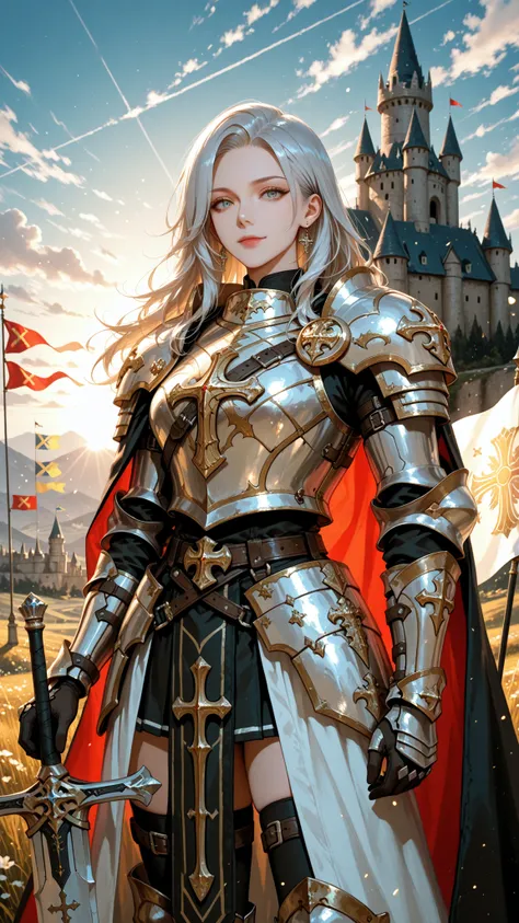 artistic, Ultra High Definition, Brave Female Knight, Silver and Gold Decorative Armor, Left Shoulder Lion Ornament, Light Armor on Right Shoulder, Exquisitely Carved Armor {x} Exquisitely Carved Armor, Rin々with a bandage around the torso, Blessed Holy Swo...
