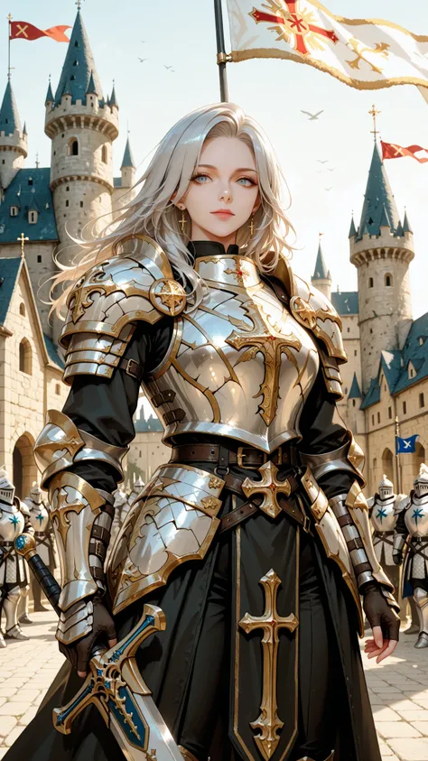 artistic, Ultra High Definition, Brave Female Knight, Silver and Gold Decorative Armor, Left Shoulder Lion Ornament, Light Armor on Right Shoulder, Exquisitely Carved Armor {x} Exquisitely Carved Armor, Rin々with a bandage around the torso, Blessed Holy Swo...