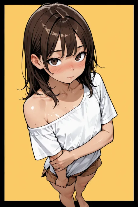 ((1 femboy)),Super Detailed,absolute resolution,(dynamic angles),(tanned skin:0.3),portrait,((pinup)),close-up,high angle,standing,arm across chest,(oversized white off-shoulder shirt,untucked shirt),brown mini Culottes,bare foot,detailed and beautiful fac...