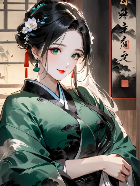 Solo, Traditional Chinese ink brush painting of a beautiful woman, 28 years old mature looking woman, long face, black hair, emerald green eyes, coloured images, masterpiece, best quality,  chinese traditional red marriage robe, standing in an ancient trad...