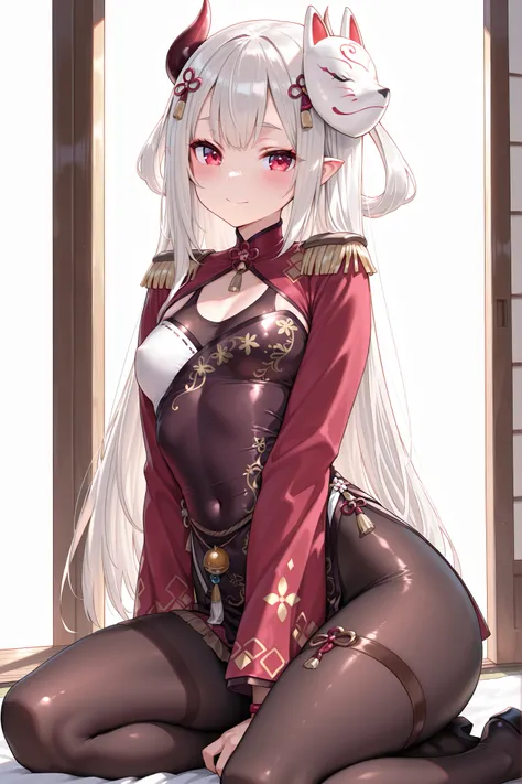 solo,masterpiece,best quality, amazing quality, highres, absurdres, very aesthetic, high resolution, ultra detailed, perfect details,(masterpiece, detailed:1.2),NRNijisanji, NR1stCostume, long hair, grey hair, red eyes, horns, floral print, flower knot, ma...