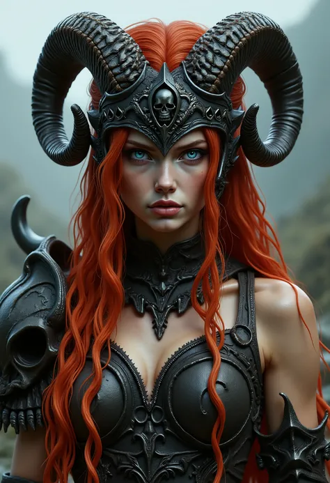medium shot of the bust of a woman, beautiful, redhead, long messy hair covering part of her face, making her even more beautiful. light blue eyes, long eyelashes, light makeup, beautiful face, side image looking at the camera with curiosity in her gaze, t...