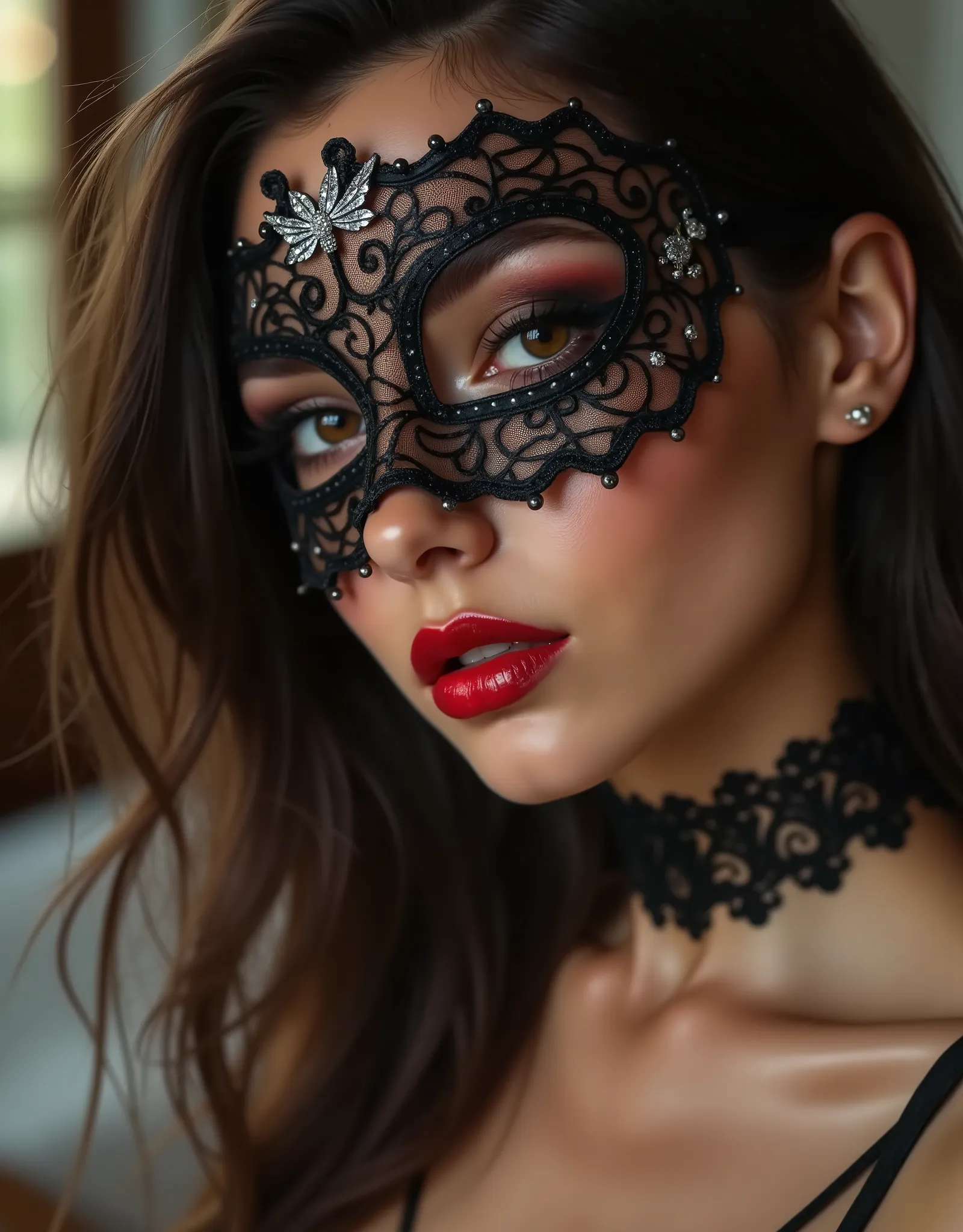 young slender Woman getting ready for a masquerade, a mesh eye mask to wear at a masquerade ball covering her eyes,Attach the choker to the eye mask,Mask with beautiful shining decorations , Embrace a mask,masquerade illustration , intricate revealing tigh...