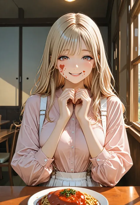 Far view,long hair,blonde Hair, model, pink shirt, white suspenders ,white skirt,clear makeup, (meal at the table), Giddy Smile, (Ketchup on face), Warm Tone Lighting
