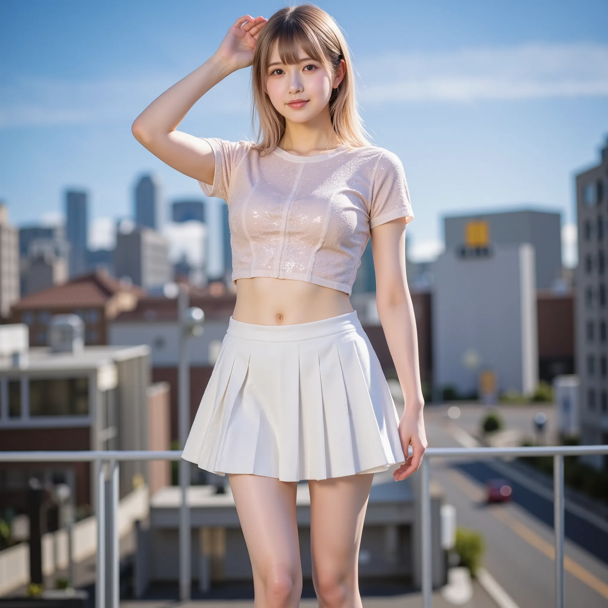 she's on the roof of the building across the street,  woman in Sarah school uniform, 彼女は半袖の白いSarahーカラーのシャツと赤いネッカチーフ、she is wearing a pleated skirt, and black thighs and black loafers,(Surrealistic), (white glitter lame mini JK uniform, Sarah), (high resolu...