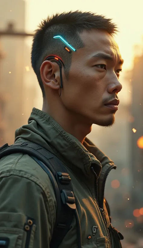 A hyper-realistic, cinematic 3:4 chest-up side profile portrait of a 25-year-old Southeast Asian male cyborg in a near-future dystopian world, inspired by The Creator (2023). Captured from the left side, his expression is calm and focused as he looks into ...