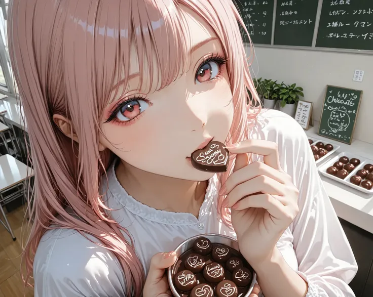 From above,long hair,pink Hair, model,clear makeup, eating chocolate-pale,cafeteria ,sunny