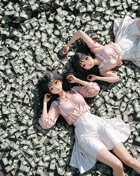 Panorama,(from above),looking viewer,long hair,black Hair, model, pink shirt, white suspenders ,white skirt,clear makeup,lying street, wads of money fall from the sky