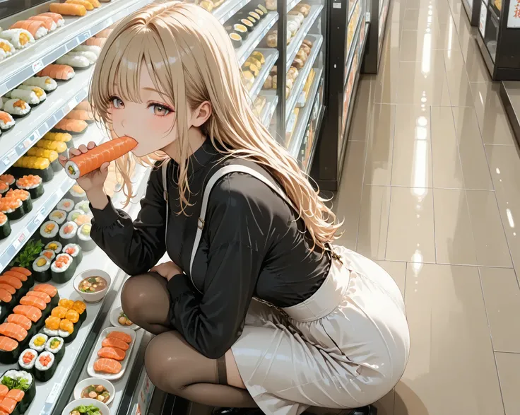 From above,squatting,long hair,blond Hair, model, black shirt, white suspenders ,white skirt, beige stockings,clear makeup, eating sushi, sushi store ,hot tea