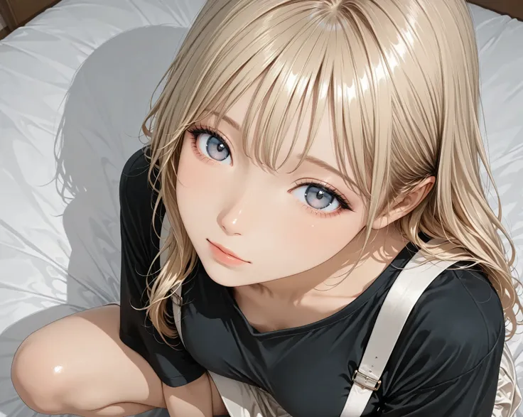 From above,close up,squatting,long hair,looking viewer,blond Hair, model, black shirt, white suspenders ,white skirt, clear makeup, bed room