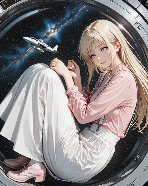 Panorama,(Full body),long hair,blond Hair, model, pink shirt, white suspenders ,white skirt,clear makeup,in space ship , U.S.S. enterprise