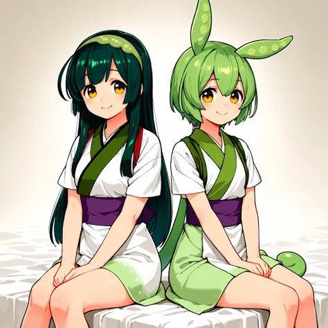 Tohoku Zunko,zundamon,TWO GIRLS,high resolution,smile,smiling,top quality,sitting