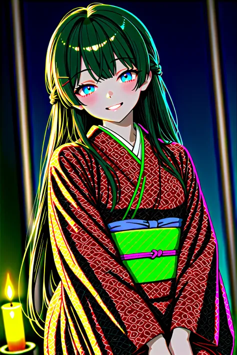 Greatest Masterpiece、Tsuki no Mito（Nijisanji）、Kimono（Beautiful red and yellow pattern)、Long Black Hair、laughing、A beautiful face illuminated by candlelight、Open the fusuma and take a peek at us、High Quality、8k、beautifully detailed background、Clear、