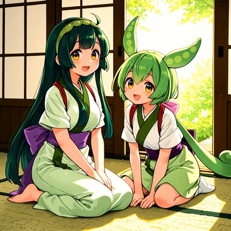 Tohoku Zunko,zundamon,TWO GIRLS,high resolution,smile,smiling,top quality,sitting