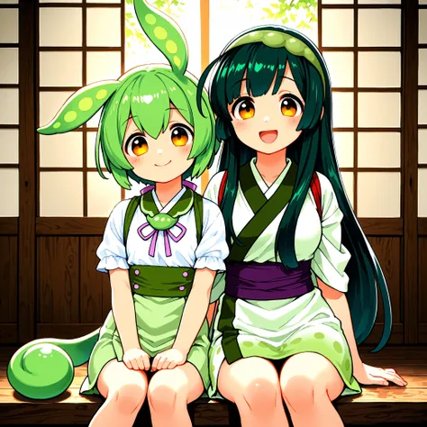 Tohoku Zunko,zundamon,TWO GIRLS,high resolution,smile,smiling,top quality,sitting