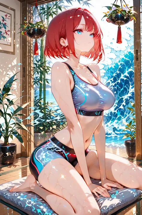 masterpiece, anime artwork, score_9_up, score_8_up, beautiful 20-year-old Japanese woman with energetic anime features, joyful infectious laughter showing pure happiness, from an angle capturing dynamic yoga pose in serene home studio space BREAK (red hair...