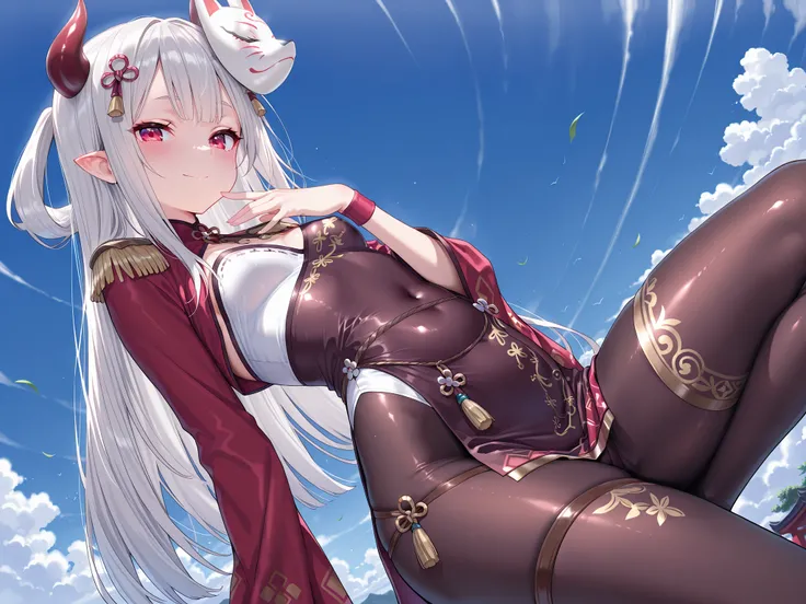 solo,masterpiece,best quality, amazing quality, highres, absurdres, very aesthetic, high resolution, ultra detailed, perfect details,(masterpiece, detailed:1.2),NRNijisanji, NR1stCostume, long hair, grey hair, red eyes, horns, floral print, flower knot, ma...