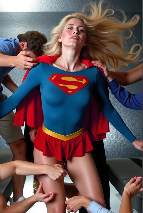 Helen Slater as supergirl、Adorable beauty with long blonde hair, she's wearing long-sleeved blue tight-fitting clothes, In the chest "S" emblem、short pleated red skirt with gold supergirl belt, tall red boots with gold toes , and a long red cape. 
((Superg...