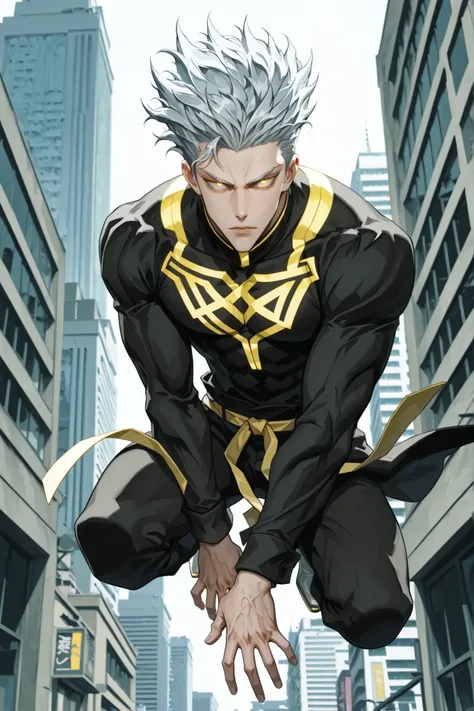 (man:100%) (close-up of a better masterpiece:0.5)0.9], (building:8) (Scattered silver hair:1) (Yellow and yellow eyes:1.2) (wolf cut:1.0) (by color in the eyes:1.0) (Shining brilliance:1.1) (thick lips jumping:0.9) (silver hair 1.0) (Full body ratio 100)