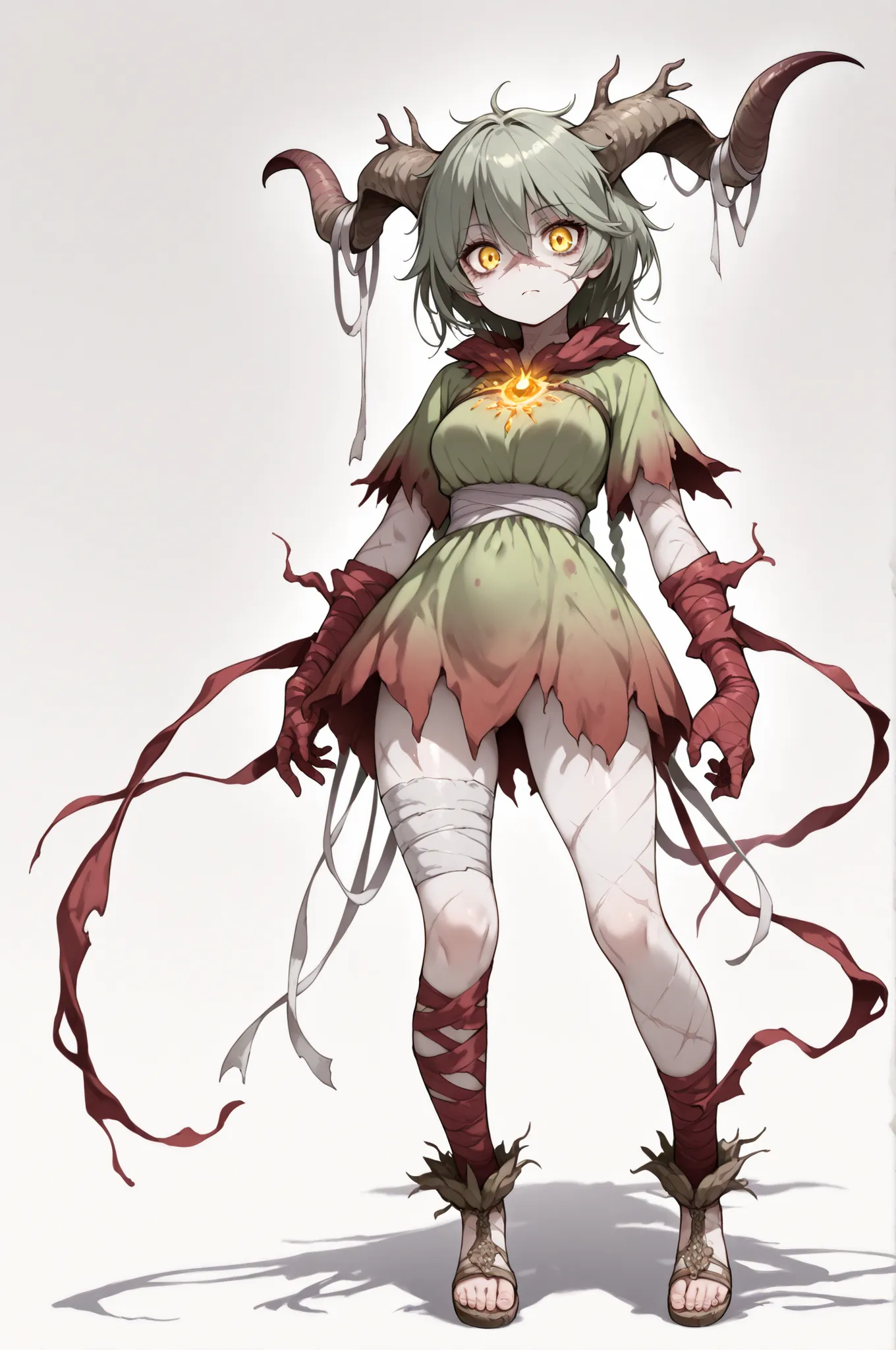 (((masterpiece))), (((Best Quality))), ((Ultra-detailed)), (anime Illustration), ((extremely delicate and beautiful)),solo, Full body, Fantasy race, sickly dryad girl, muddy sea-green hair and pale skin, dead-branch-like horns extending from her head, glow...