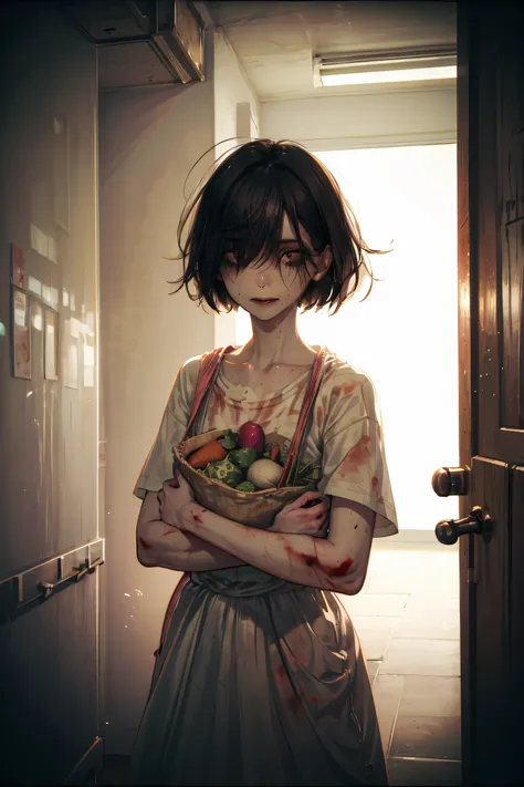 A mysterious female neighbor standing at the apartment entrance, wearing tattered, worn-out clothes. Her face is pale and bluish like a ghost from a horror movie, with messy, unkempt hair and vacant eyes. A subtle, eerie smile stretches across her face, wi...