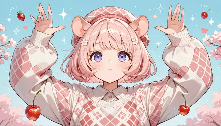 cute illustrations,Cherry blossom trees,(Hamko-chan , hamster girl,((Light Pink Hair : bob cut:1.3), Scandinavian pattern looking up at the sky {X} Scandinavian pattern looking up at the sky clothes and hat, hamster ears),dynamic pose that floats on you...