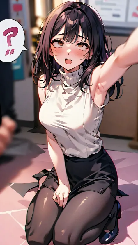 womanhood,28 years old,Ahe face,armpit, knit ,Turtleneck,ノースリーブ knit ,high heels,((speech bubble)),long pencil skirt,((pantyhose))