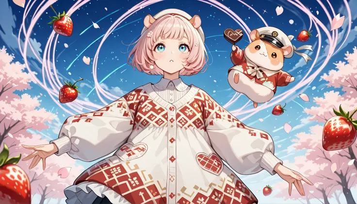 cute illustrations,Cherry blossom trees,(Hamko-chan , hamster girl,((Light Pink Hair : bob cut:1.3), Scandinavian pattern looking up at the sky {X} Scandinavian pattern looking up at the sky clothes and hat, hamster ears),dynamic pose that floats on you...