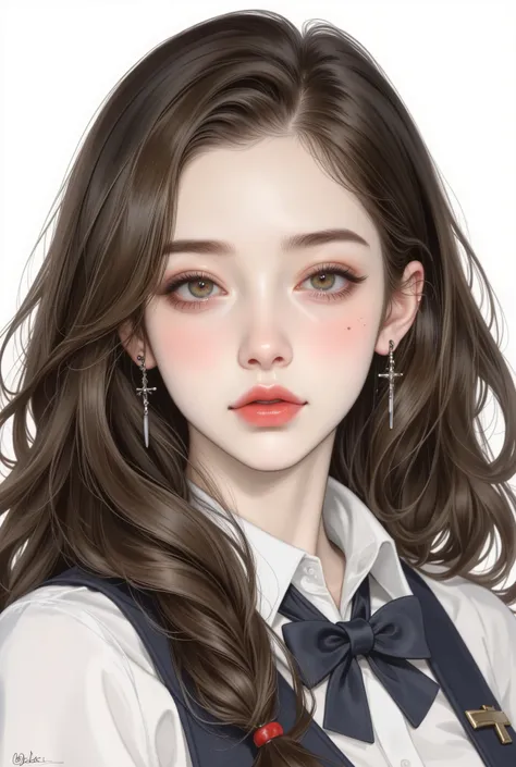 Girl, long wavy and flowing hair, brown blonde hair, olive brown eyes, sharp features, white skin, light cherry lips, beautiful, perfect, elegant looking, wearing a formal Japanese school uniform, bright colors, high quality resolution .