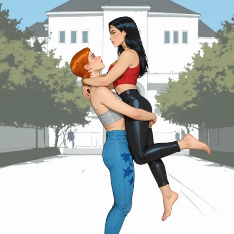 score_9, score_8_up, score_7_up, score_6_up, dcaustyle,western cartoon, Expressiveh, BREAK, 2igrls, lesbians, gwen tennyson (Ben10) is carrying  her curvy girlfriend Wonder Woman in her arms, gwen tennyson has short orange hair and is standing upright and ...