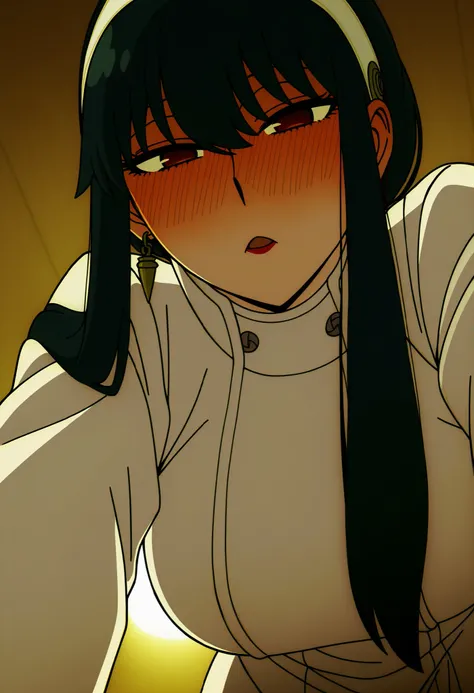 1girl, yor briar, red eyes, black hair, hairband, white hairband, sidelocks, long hair, large breasts,sharp eyes,red cheeks, aggressive female, handsome girl, red lipstick , ,looking at viewer from below twords above, , red cheeks,drunk,Her cheeks are deep...
