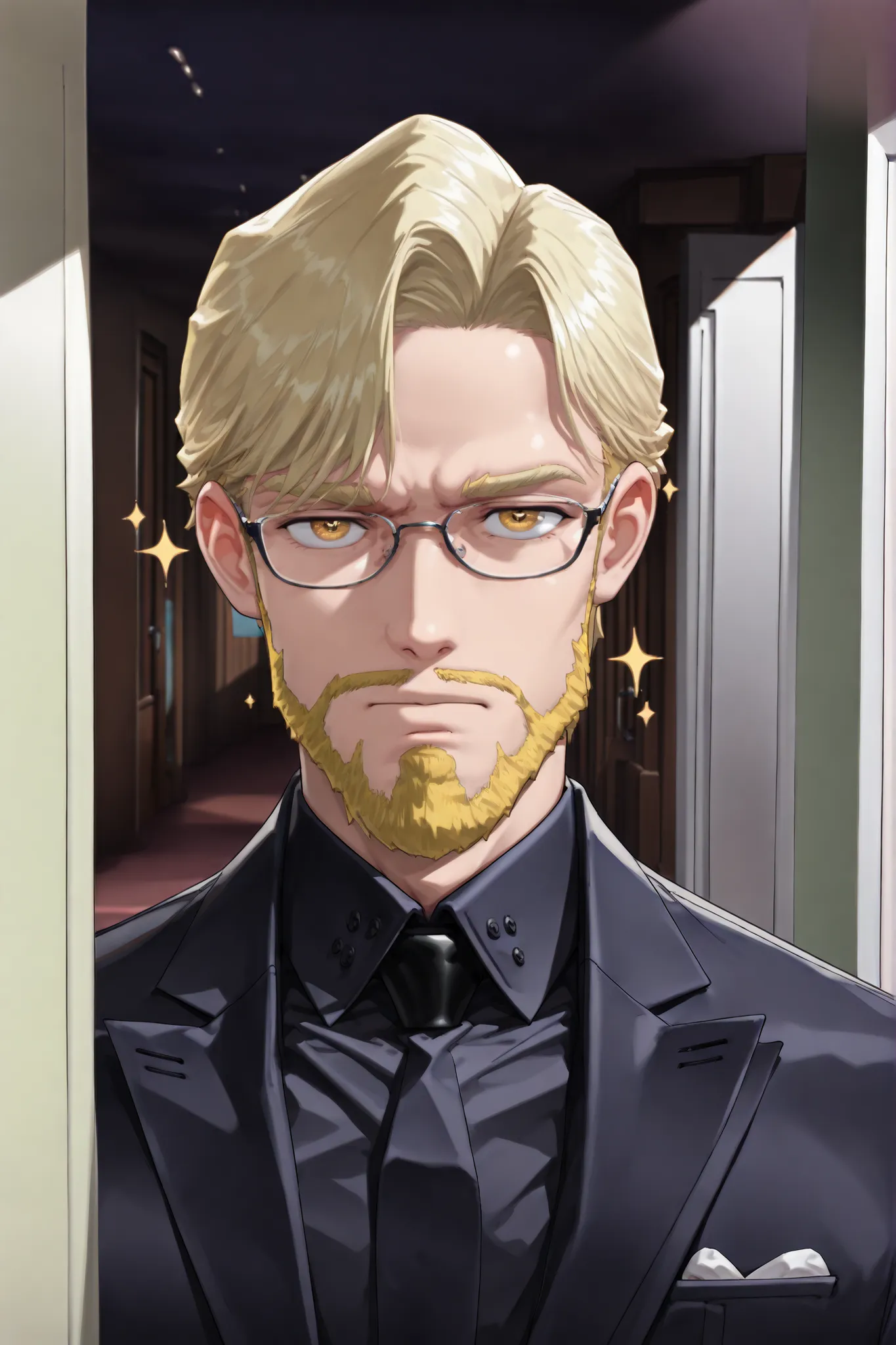Background:Mansion Hallway,, male,solo,Suit,glasses,dandy,beard,Coming out of the room,is cool,gorgeous, ,sparkle,  beautiful  ,Dramatic,Anime Chic,   safe content(masterpiece, 最High Quality, High Quality, 詳細なBackground, complicated details,complicated,ult...