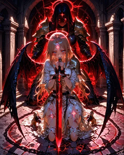 Masterpiece, ultra-detailed, cinematic illustration, 4K resolution, dramatic lighting. At the center of a ruined, ancient temple, a glowing red greatsword is stabbed into the stone floor, its thick blade radiating menace. The sword features a disturbing, w...