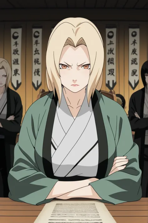 (masterpiece, best quality, anime style, ultra-detailed, 8k, Tsunade Senju seated at a large wooden table during a formal council meeting, mature woman with long golden blonde hair, wearing her usual outfit: short white kimono and black pants, no green hao...