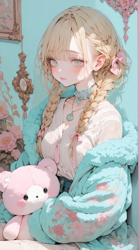 a young woman with blond hair braided up、sits with her back against a turquoise wall。cozy、It's an attractive atmosphere 。It's further enhanced by symbols such as floral patterns and pastel colors。The woman wears a fluffy turquoise jacket and、themed look、is...