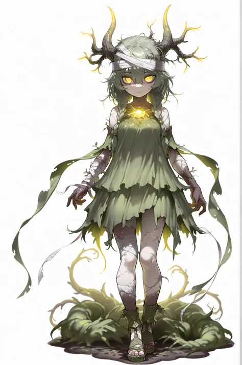(((masterpiece))), (((Best Quality))), ((Ultra-detailed)), (anime Illustration), ((extremely delicate and beautiful)),solo, Full body, Fantasy race, sickly dryad girl, muddy sea-green hair and pale skin, dead-branch-like horns extending from her head, glow...