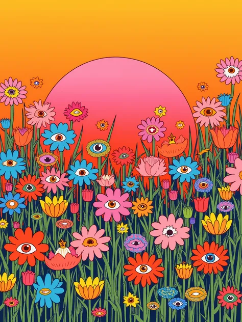 Psychedelic pop art style illustration. Colorful flowers with human eyes in the center, located only at the bottom of the image. The middle and upper part of the image plaincolorful background with no flowers. Surreal, dreamy composition, bold outlines, ba...