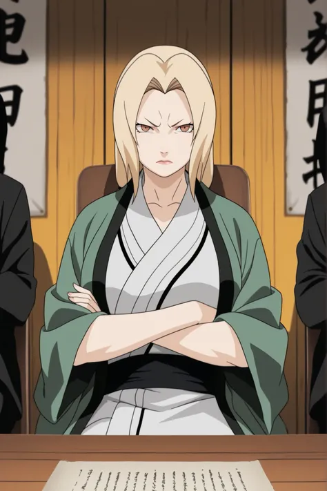 (masterpiece, best quality, anime style, ultra-detailed, 8k, Tsunade Senju seated at a large wooden table during a formal council meeting, mature woman with long golden blonde hair, wearing her usual outfit: short white kimono and black pants, no green hao...
